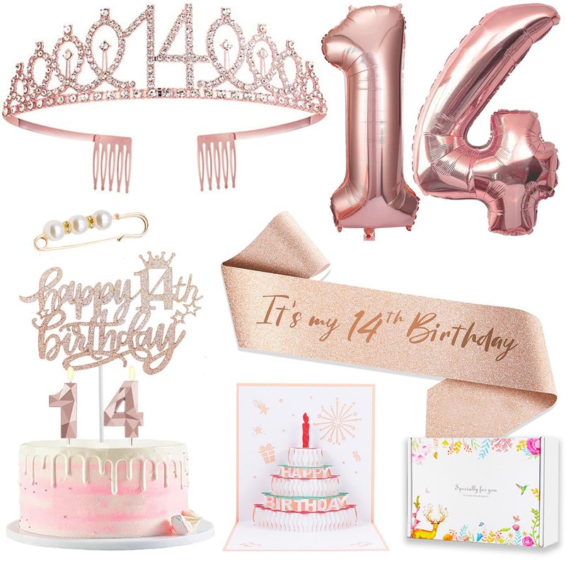 Awfrky 8Pcs 14Th Birthday Decorations For Girls  Including 14 Year Old Birthday Cake Topper  Birthday Queen Sash With Pearl Pin  Sweet Rhinestone Tiara Crown  Number Candles And Balloons Set  Rose Gold - Image 1