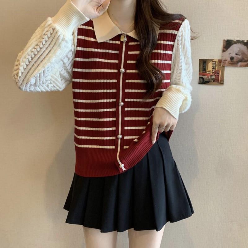 Export Real S Plus Size Striped Polo Collar Knitted Patchwork Chiffon Sleeve Lapel Color Contrast Sweet Long Sleeve Top - Image 2