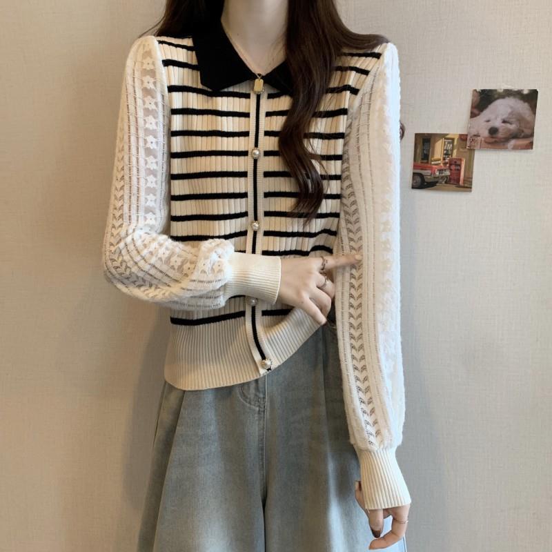 Export Real S Plus Size Striped Polo Collar Knitted Patchwork Chiffon Sleeve Lapel Color Contrast Sweet Long Sleeve Top - Image 3