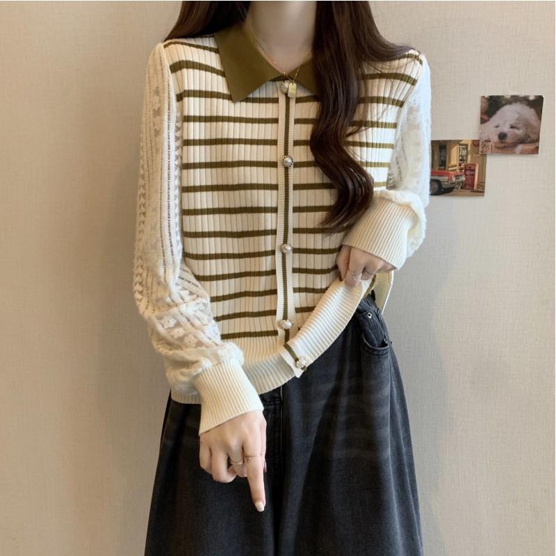 Export Real S Plus Size Striped Polo Collar Knitted Patchwork Chiffon Sleeve Lapel Color Contrast Sweet Long Sleeve Top - Image 5