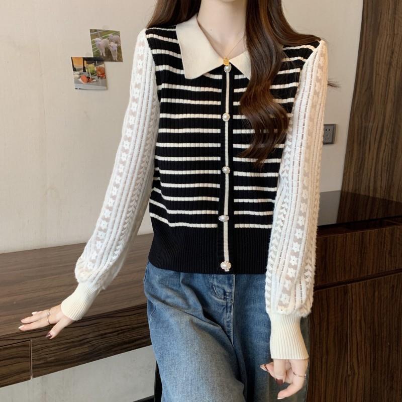 Export Real S Plus Size Striped Polo Collar Knitted Patchwork Chiffon Sleeve Lapel Color Contrast Sweet Long Sleeve Top - Image 4
