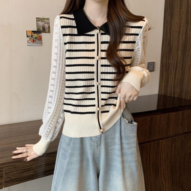 Export Real S Plus Size Striped Polo Collar Knitted Patchwork Chiffon Sleeve Lapel Color Contrast Sweet Long Sleeve Top - Image 1