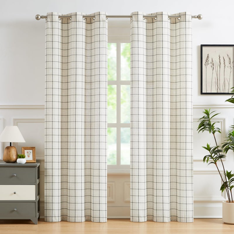 Bapawfish Buffalo Plaid Light Filtering Natural Linen Curtains 84 Inches Length,Woven Black and White Stripes Farmhouse Privacy Bedroom Drapes,Grommet Window Treatment Set for Living Room,40"Wx84"Lx2 - Image 1