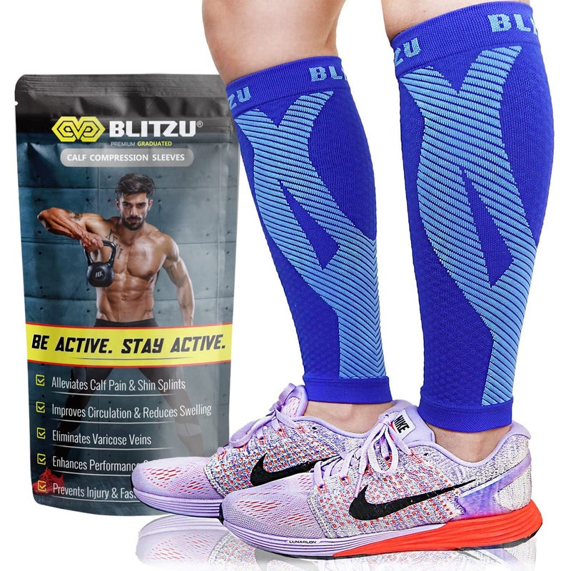 BLITZU Calf Compression Sleeves for Men and Women. Footless Compression Socks Support for Varicose Vein, Nursing, Running. Leg Sleeve Brace for Shin Splints, Pain Relief & Reduces Swelling Blue L-XL - Image 1