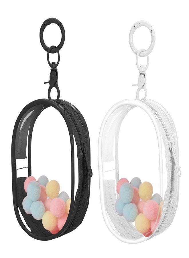 Huakaile 2 Pieces Clear Figure Display Bag with Keychain, Clear Pouch Keychain with Zipper & Fur Balls, Mini Doll Pouch Carrying Case for Blind Box Storage Collectibles (2 PCS, White, Black) - Image 1