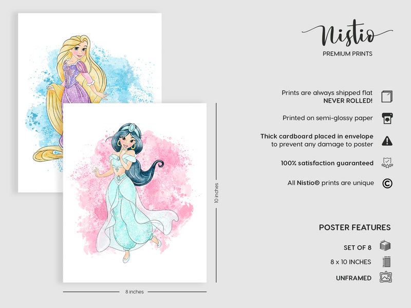 Nistio Princess Nursery Wall Art Prints, Ariel Nursery Poster, Newborn Gift, Cinderella Baby Room Decor For Girls, Princess Cinderella, Rapunzel, Ariel, Belle, Tiana, Jasmine, Set of 8 Prints, 8x10 - Image 2