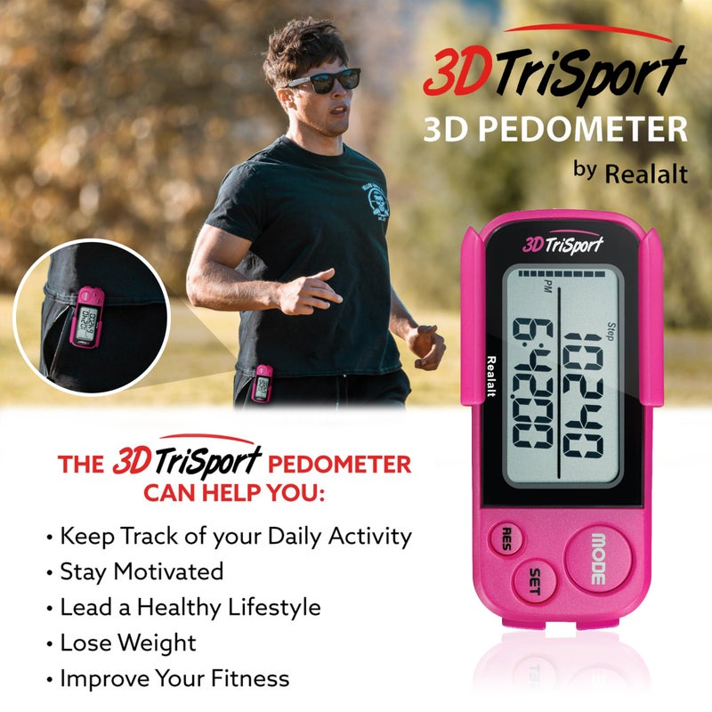 Realalt 3DTriSport Walking 3D Pedometer with Clip & Strap, eBook Included | 30 Days Memory, Accurate Step Counter, Walking Distance Miles/Km, Calorie Counter, Daily Exercise Time Monitor - Magenta - Image 3