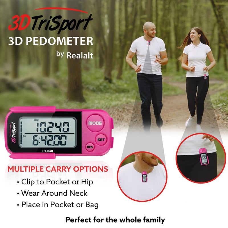 Realalt 3DTriSport Walking 3D Pedometer with Clip & Strap, eBook Included | 30 Days Memory, Accurate Step Counter, Walking Distance Miles/Km, Calorie Counter, Daily Exercise Time Monitor - Magenta - Image 5