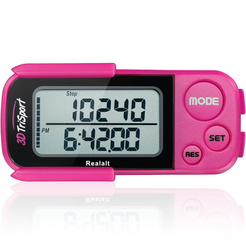 Realalt 3DTriSport Walking 3D Pedometer with Clip & Strap, eBook Included | 30 Days Memory, Accurate Step Counter, Walking Distance Miles/Km, Calorie Counter, Daily Exercise Time Monitor - Magenta - Image 1