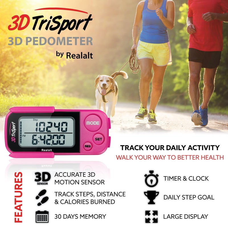 Realalt 3DTriSport Walking 3D Pedometer with Clip & Strap, eBook Included | 30 Days Memory, Accurate Step Counter, Walking Distance Miles/Km, Calorie Counter, Daily Exercise Time Monitor - Magenta - Image 2