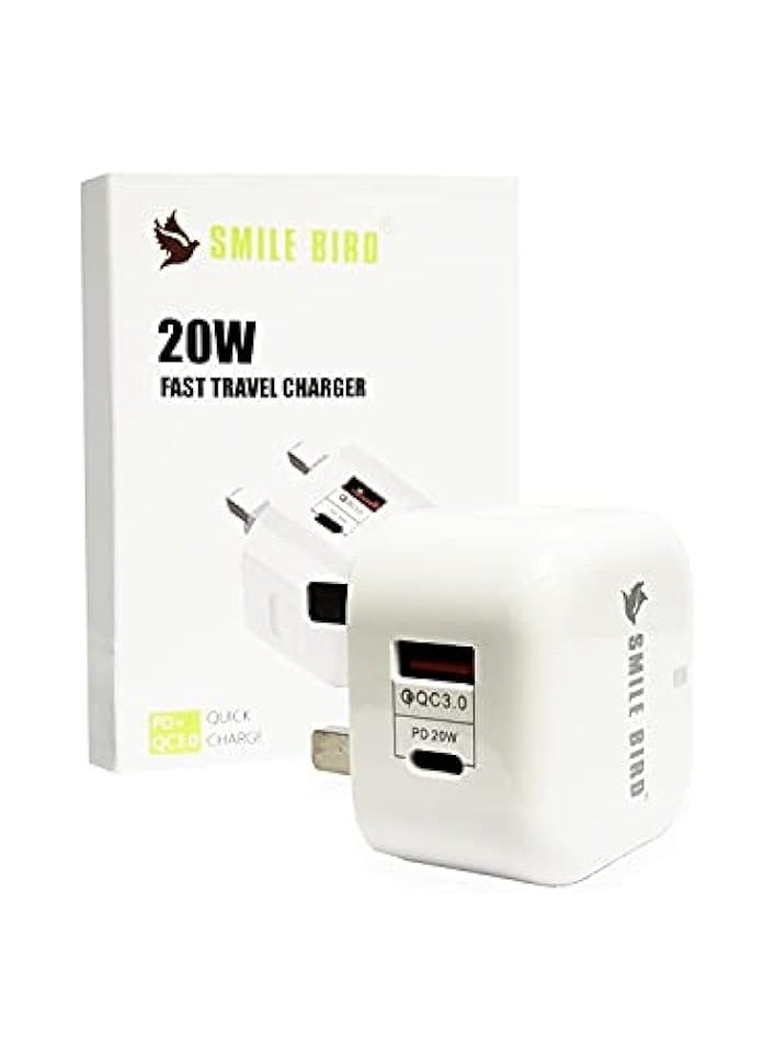 SMILE BIRD USB Dual Ports 20W adapter Type C Charger Fast Charging Universal Travel Adapter - Type C Wall Power Plug Charger Compatible for Type C and USB A - White  - Image 1