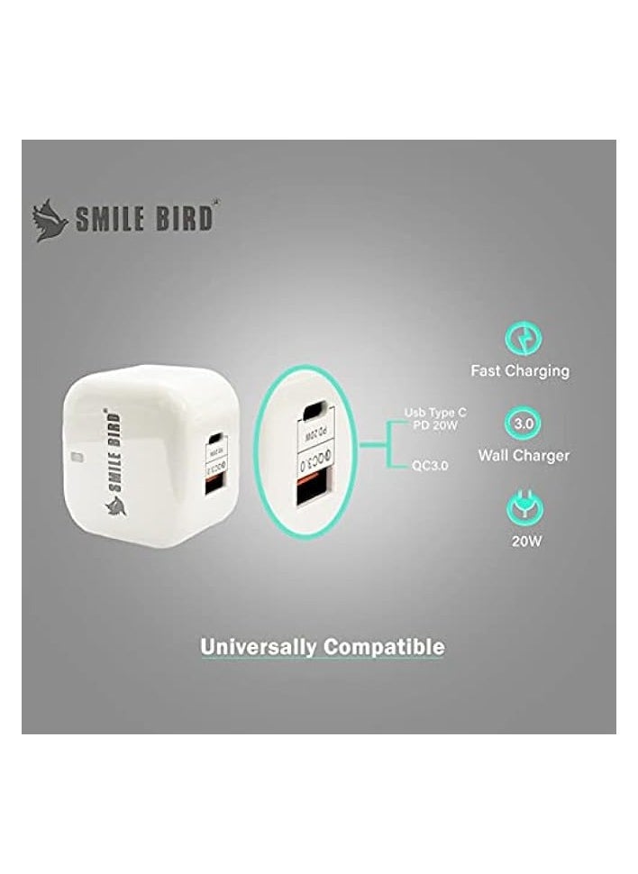 SMILE BIRD USB Dual Ports 20W adapter Type C Charger Fast Charging Universal Travel Adapter - Type C Wall Power Plug Charger Compatible for Type C and USB A - White  - Image 2