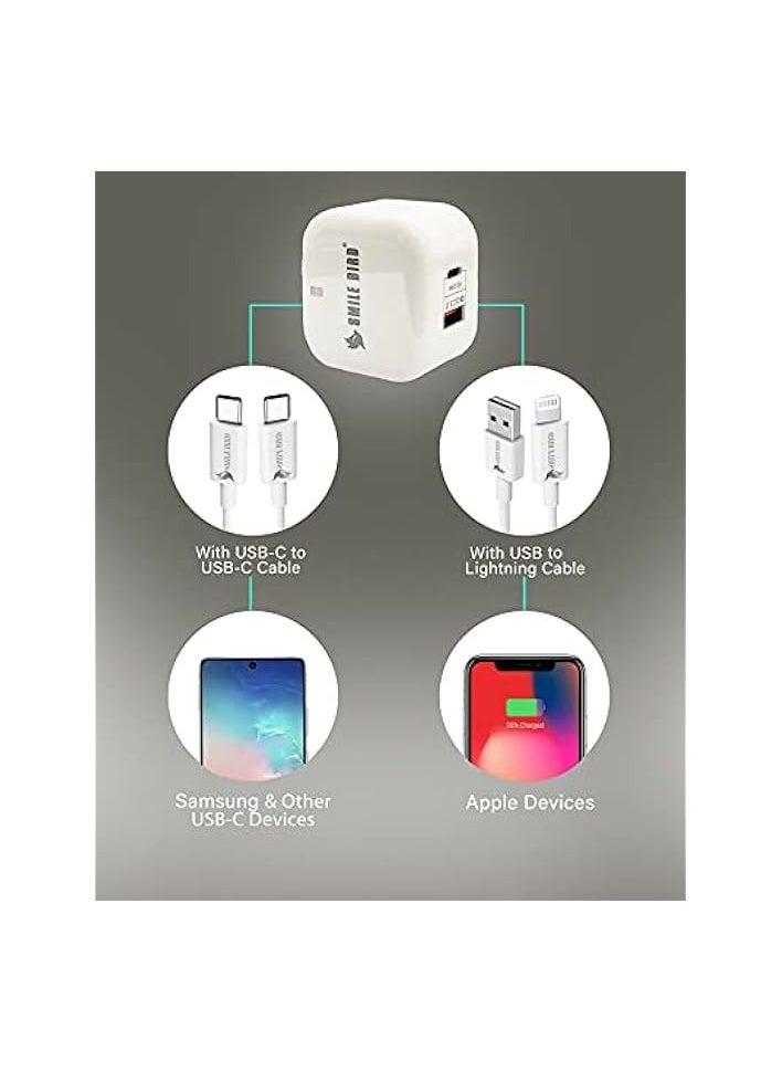 SMILE BIRD USB Dual Ports 20W adapter Type C Charger Fast Charging Universal Travel Adapter - Type C Wall Power Plug Charger Compatible for Type C and USB A - White  - Image 3