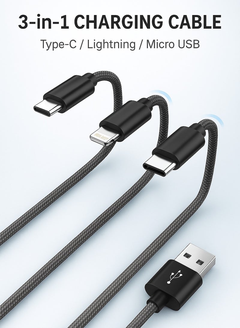 جو-ديز كابل شحن 3 في 1 – من USB إلى Lightning وType-C وMicro USB، بقدرة 3.1 أمبير، بطول 1.2 متر، لون أسود - Image 3