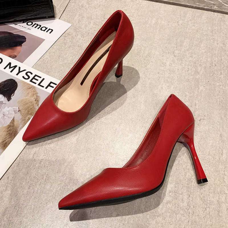 Soft Leather High Heels Women'S Stiletto Pointed Toe Spring Korean Style Girl Nude Professional Shoes For Women - Image 3