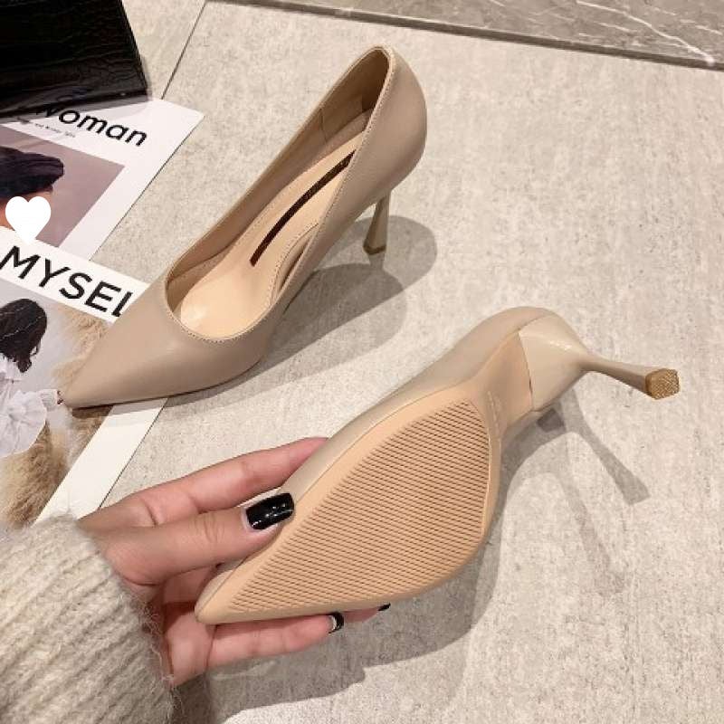 Soft Leather High Heels Women'S Stiletto Pointed Toe Spring Korean Style Girl Nude Professional Shoes For Women - Image 1
