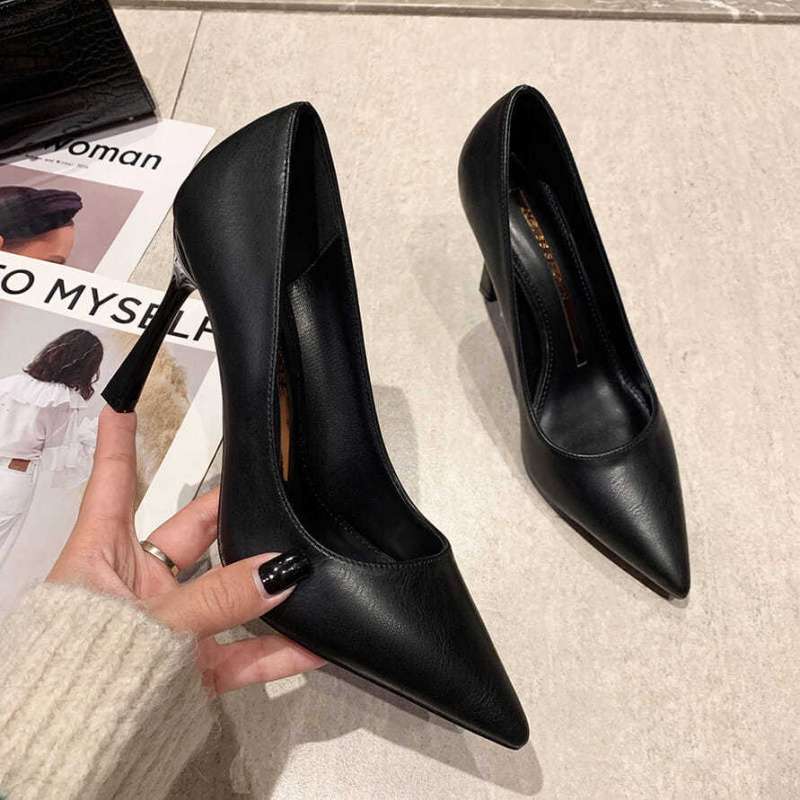 Soft Leather High Heels Women'S Stiletto Pointed Toe Spring Korean Style Girl Nude Professional Shoes For Women - Image 4