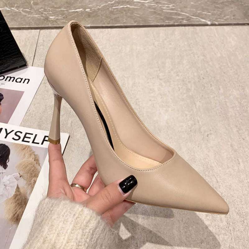 Soft Leather High Heels Women'S Stiletto Pointed Toe Spring Korean Style Girl Nude Professional Shoes For Women - Image 2