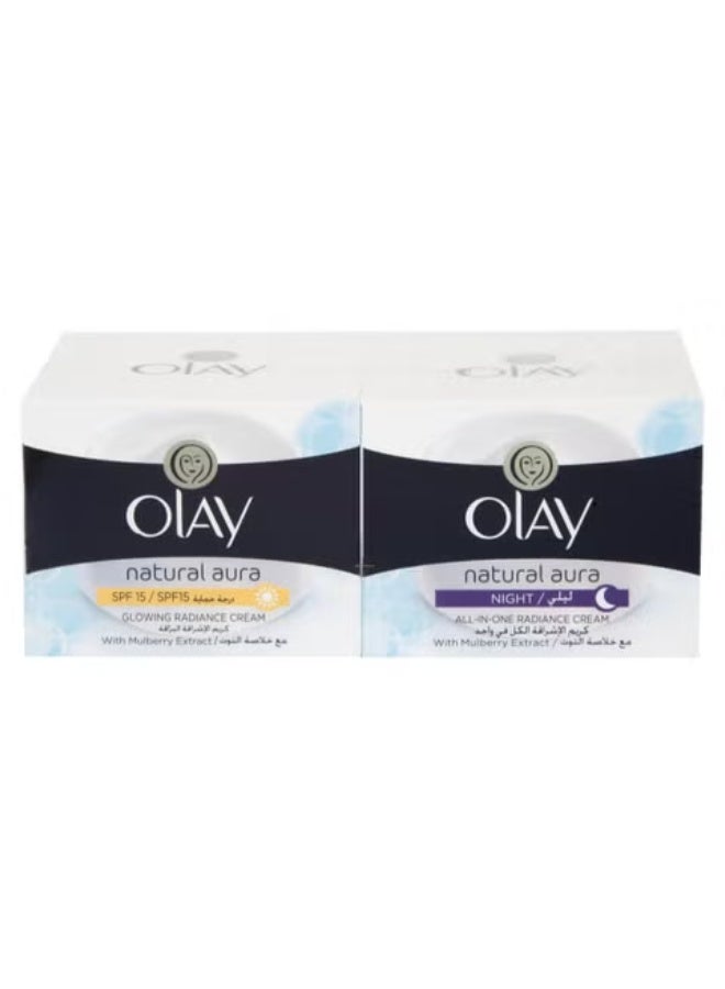 Olay Natural Aura Glowing Radiance Day Cream SPF15 50 g with All In One Radiance Night Cream 50 gram pack of 2