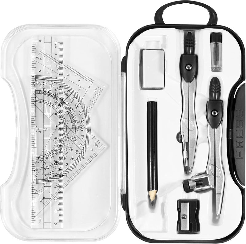 Unjoo Math Geometry Kit Sets 10 Piece Student Supplies with Shatterproof Storage Box,Includes Rulers,Protractor,Compass,Eraser,Pencil Sharpener,Lead Refills,Pencil,for Drafting and Drawings（Black） - Image 1