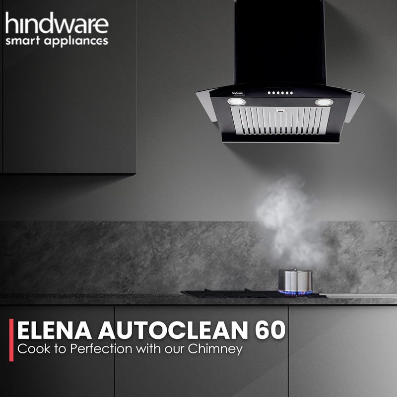 HINDWARE SMART APPLIANCES Hindware Smart Appliances Elena 60 cm Chimney 1100 CMH Curved Glass Auto Clean Push Button 5 Yrs Warranty on Motor 2 Yrs on Product Wall Mounted Baffle Filter LED Lamps Black  - Image 2