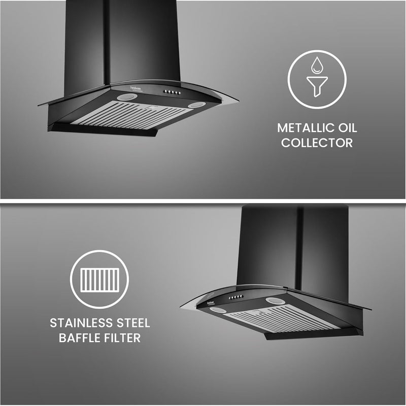 HINDWARE SMART APPLIANCES Hindware Smart Appliances Elena 60 cm Chimney 1100 CMH Curved Glass Auto Clean Push Button 5 Yrs Warranty on Motor 2 Yrs on Product Wall Mounted Baffle Filter LED Lamps Black  - Image 4