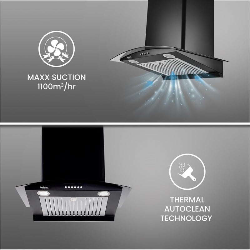 HINDWARE SMART APPLIANCES Hindware Smart Appliances Elena 60 cm Chimney 1100 CMH Curved Glass Auto Clean Push Button 5 Yrs Warranty on Motor 2 Yrs on Product Wall Mounted Baffle Filter LED Lamps Black  - Image 3