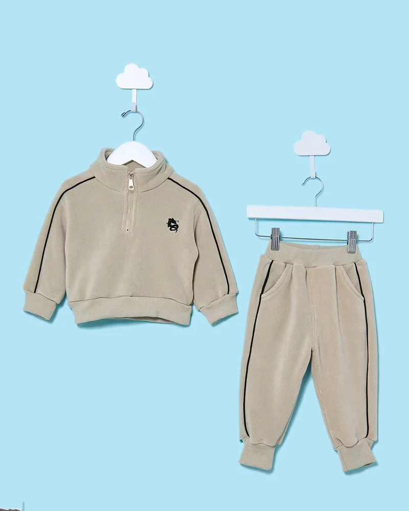 Redtag Infant Boys Beige Hi-Neck Pullover Jog Set (2 Piece)
