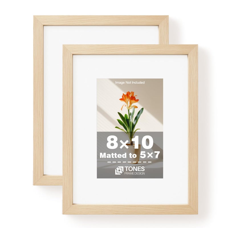 TONES FRAME DESIGN 8x10 Picture Frame Set of 2 Natural Solid Wood Veneer Finish with Plexiglass Small 8x10 Frame with Mat to 5x7 Photo Frames for Tabletop Gallery Wall Home Decor