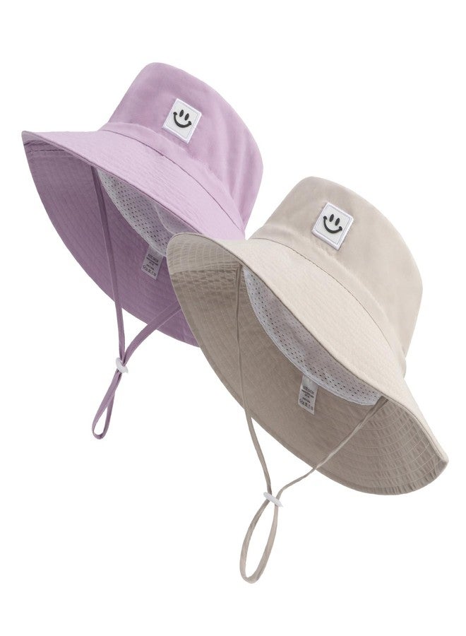 Ducclucc Baby Sun Hat UPF 50+ Wide Brim with Smile Face, Adjustable Chin Strap, Lightweight for Boys Girls (US, Age 2-7 Years, Light Purple/Beige) - Image 1