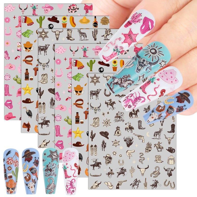 Keluna Western Nail Art Stickers - 6 Sheets Cowboy Cowgirls Nail Sticker, 5D Embossed Western Nail Decals, Retro Self Adhesive Nail Decal for Women Girls DIY Manicure Decoration Accessories - Image 1