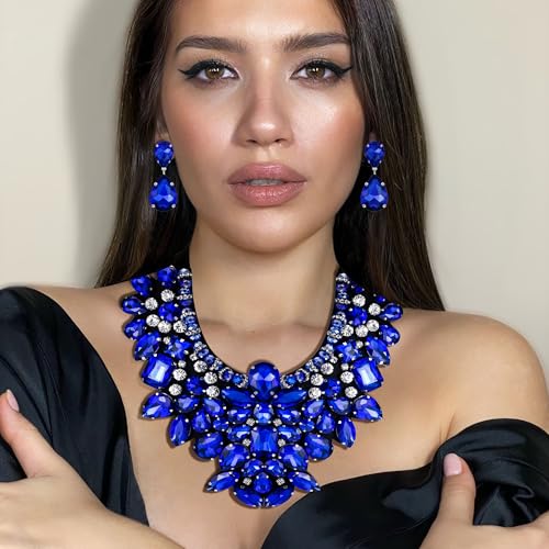 Flyonce مجموعة مجوهرات فليونس للنساء، قلادة وأقراط كريستالية مزينة بالأحجار اللامعة زرقاء - Image 2