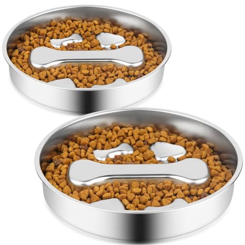 Dyienocs Stainless Steel Slow Feeder Dog Bowls2 Pcs Slow Food Bowl for Dog Cat 2 Cups CapacityBoneShaped Design Pet Food HolderMetal NonSlip Lick PlatePuzzle Maze Dish for Small Medium Sized Breeds - Image 1