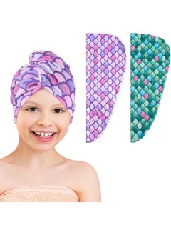 WAWSAM WAWSAM 2 Pack Kids Hair Drying Towels Girls Unicorn Wet Hair Towel Quick Dry Twisty Hair Towels (Green + Purple Mermaid) 