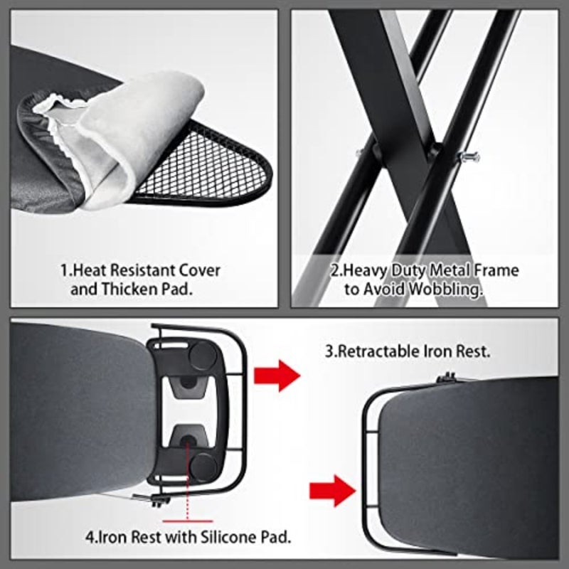 Deluxe ironing board for home use, steel and polyester, black, extra wide 18 x 48 with retractable iron rest, sleeve board, adjustable height, foldable T-leg design - Image 2