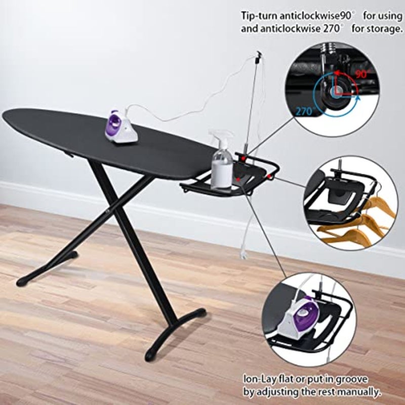 Deluxe ironing board for home use, steel and polyester, black, extra wide 18 x 48 with retractable iron rest, sleeve board, adjustable height, foldable T-leg design - Image 3
