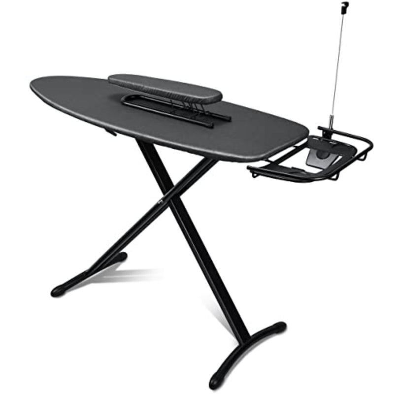 Deluxe ironing board for home use, steel and polyester, black, extra wide 18 x 48 with retractable iron rest, sleeve board, adjustable height, foldable T-leg design - Image 1