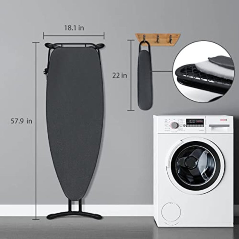 Deluxe ironing board for home use, steel and polyester, black, extra wide 18 x 48 with retractable iron rest, sleeve board, adjustable height, foldable T-leg design - Image 5