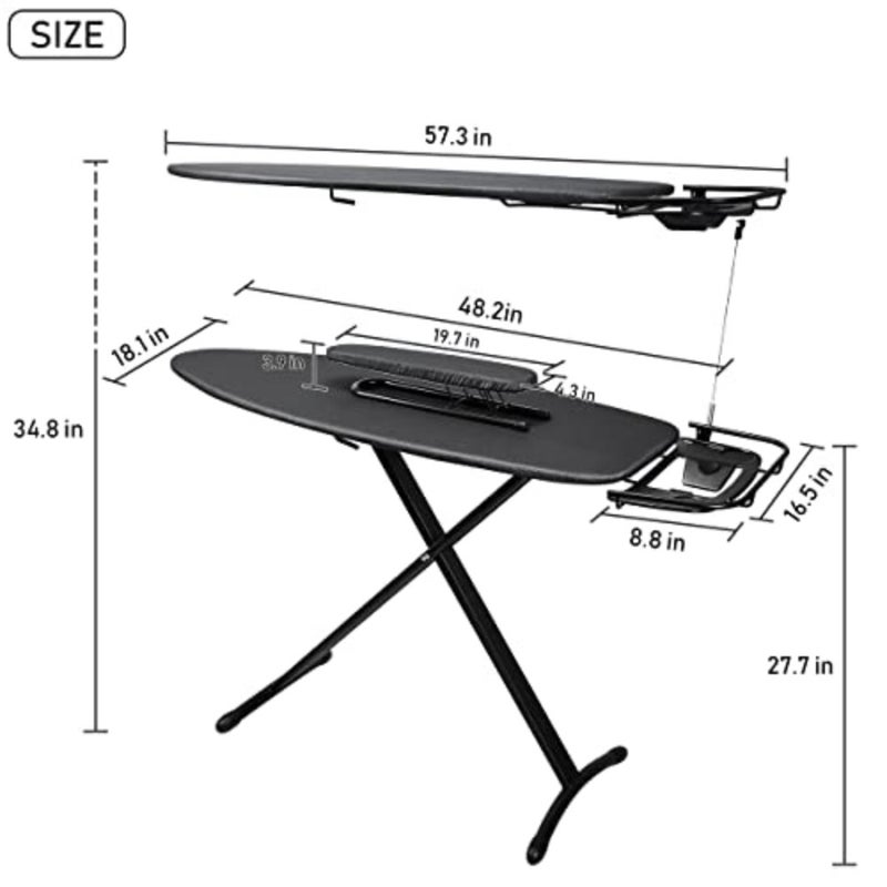 Deluxe ironing board for home use, steel and polyester, black, extra wide 18 x 48 with retractable iron rest, sleeve board, adjustable height, foldable T-leg design - Image 4