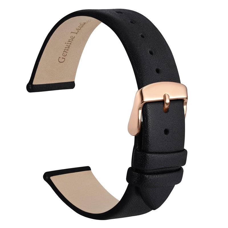WOCCI 20mm Lug Width, Elegant Watch Band, Genuine Leather Replacement Strap with Rose Gold Buckle (Black) - Image 1