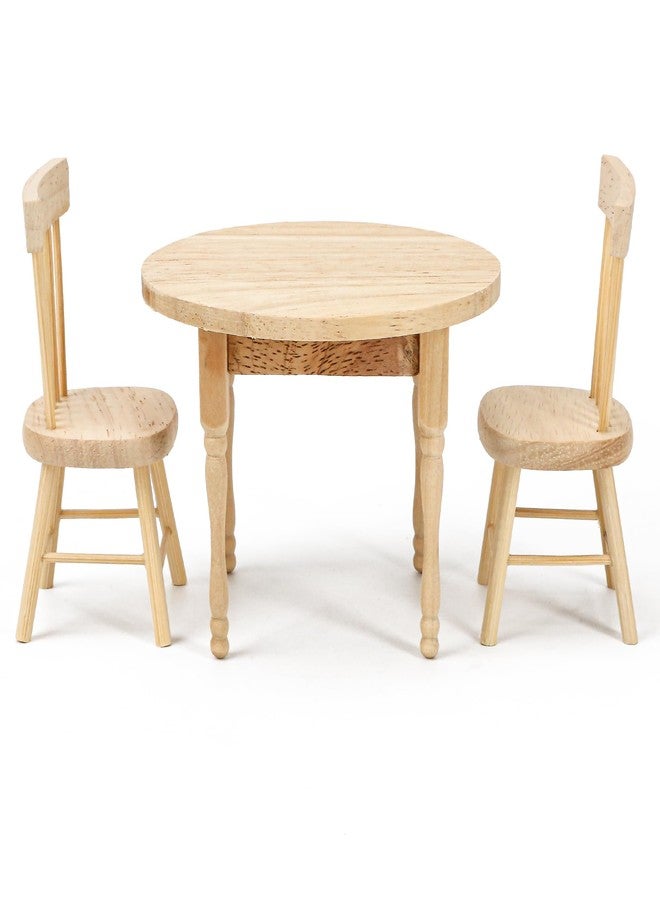 KH866 1/12 Miniature Dollhouse Round Table and 2 Chairs Dining Set, Mini Wooden Unpainted Burlywood Barbie Kitchen Furniture Accessories - Image 4