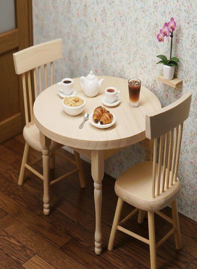 KH866 1/12 Miniature Dollhouse Round Table and 2 Chairs Dining Set, Mini Wooden Unpainted Burlywood Barbie Kitchen Furniture Accessories - Image 3