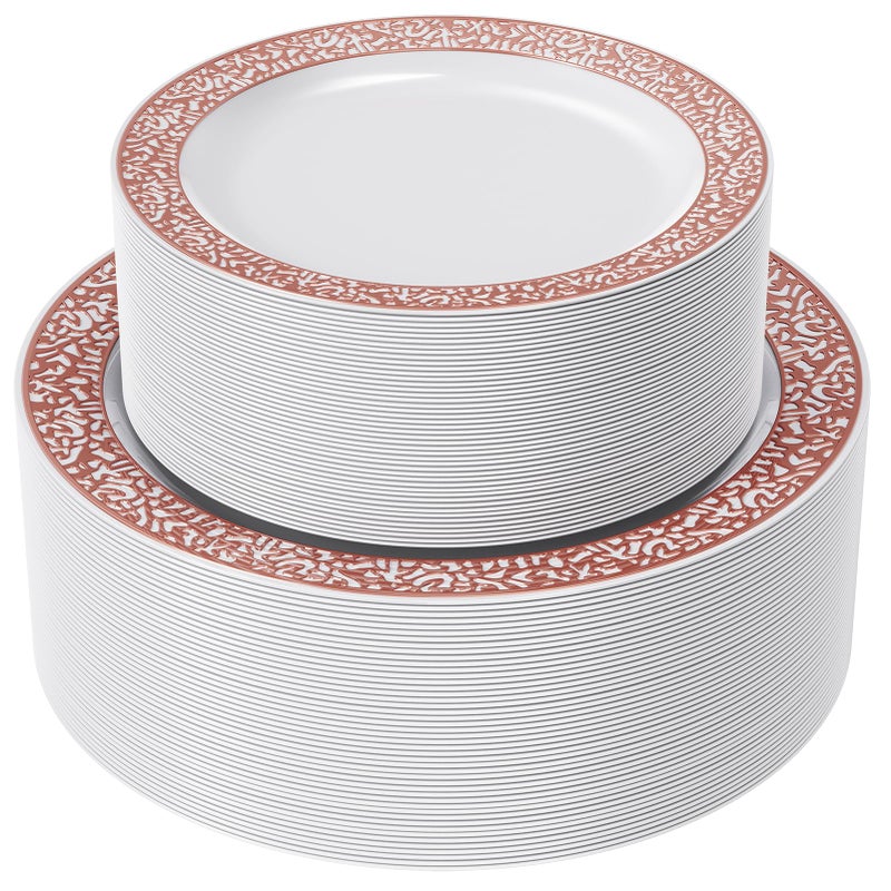 FOCUSLINE 102 Count Rose Gold Lace Plastic Plates Set  HeavyDuty Disposable 51x1025 Dinner  51x75 Salad Plates for Weddings Parties