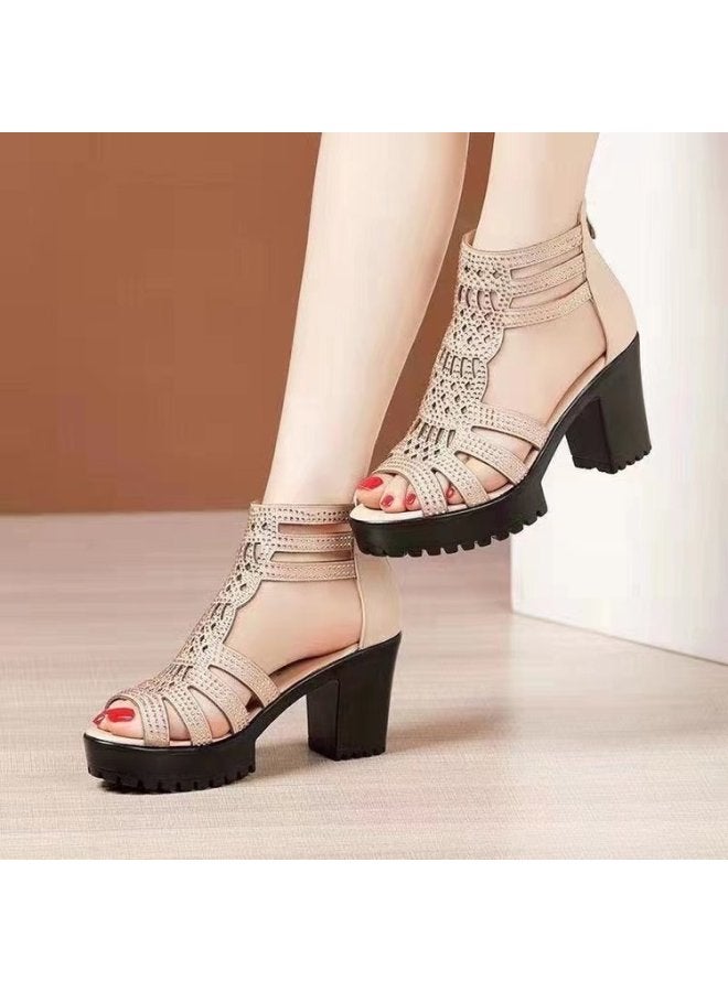 Women's Sandals With Chunky Heels New Style Non-slip Peep-toe Mid-high Heel Roman Women's Shoes With Soft Sole Open-toe Height-increasing Sandals