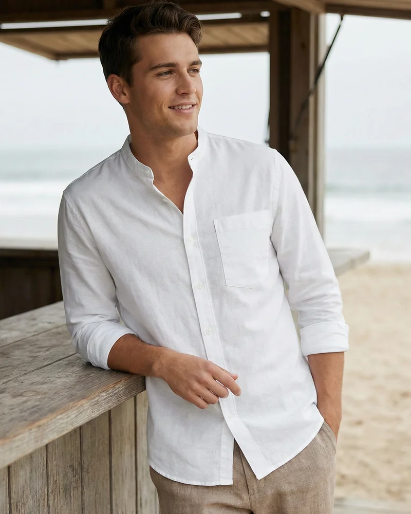 بيواكوف Men's White Cotton Linen Shirt