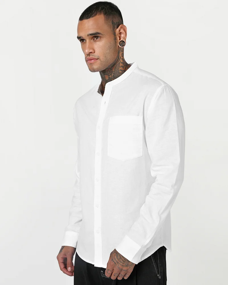 بيواكوف Men's White Cotton Linen Shirt