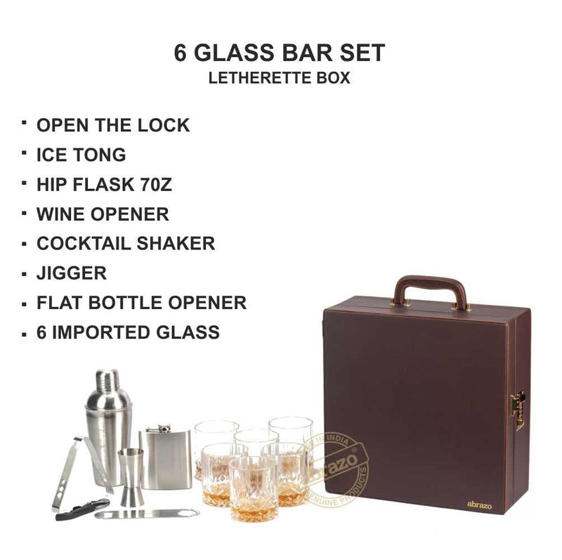 Abrazo Faux Leatherette Portable Bar Set | Portable Bar Set | Leatherette Bar Tool Set | Brown 6 Glass |Cocktail Shaker - Image 3