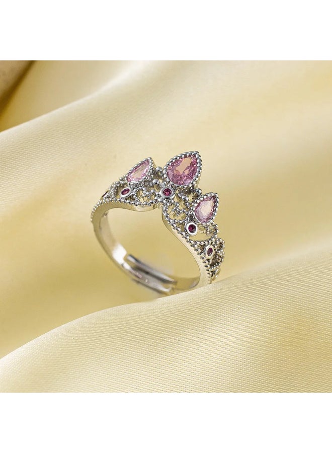 The Black Pearl Accessories Pink Zirconic Crown Silver Stainless Steel Free Size Ring  - Image 2