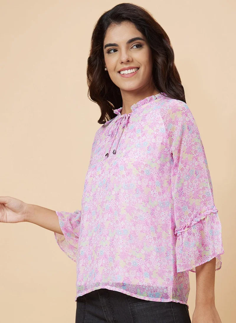 globus Globus Women Lavender Floral Printed Tie-Up Neck Bell Sleeves Top