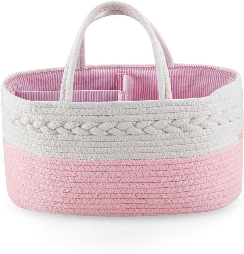 PandaEar Baby Diaper Caddy Organizer Cotton Rope Nursery Storage Basket Portable Car Organizer for Baby Shower Gifts Newborn Infants Pink - Image 1